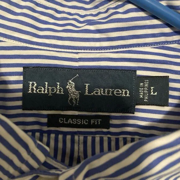 Polo Ralph Lauren Button Down Blue/White Striped Mens L Classic Fit Shirt Pony - Picture 3 of 5